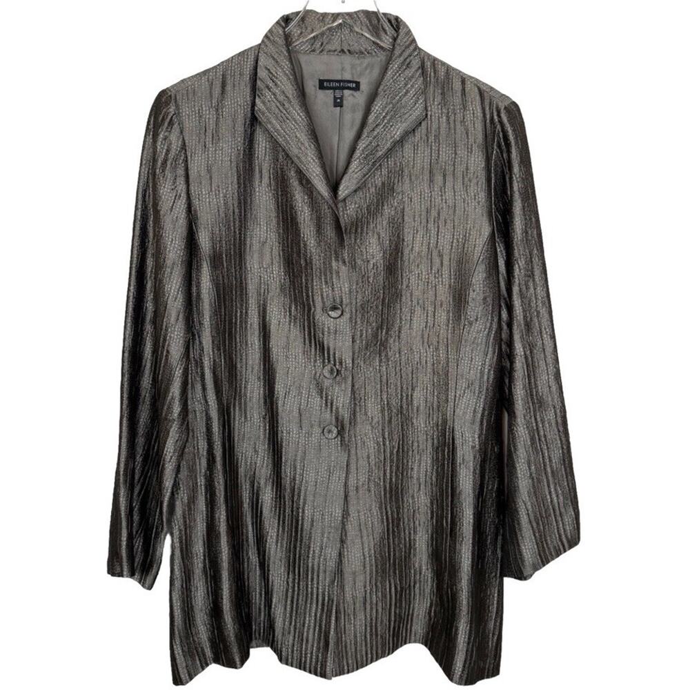 Eileen Fisher Silk Crinkle Jacket Silver Gray Textured Blazer Capsule Travel M